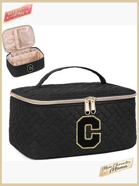 Personalized Initial Makeup Organizer Bag Quilted Preppy Portable Cosmetic Pouch
